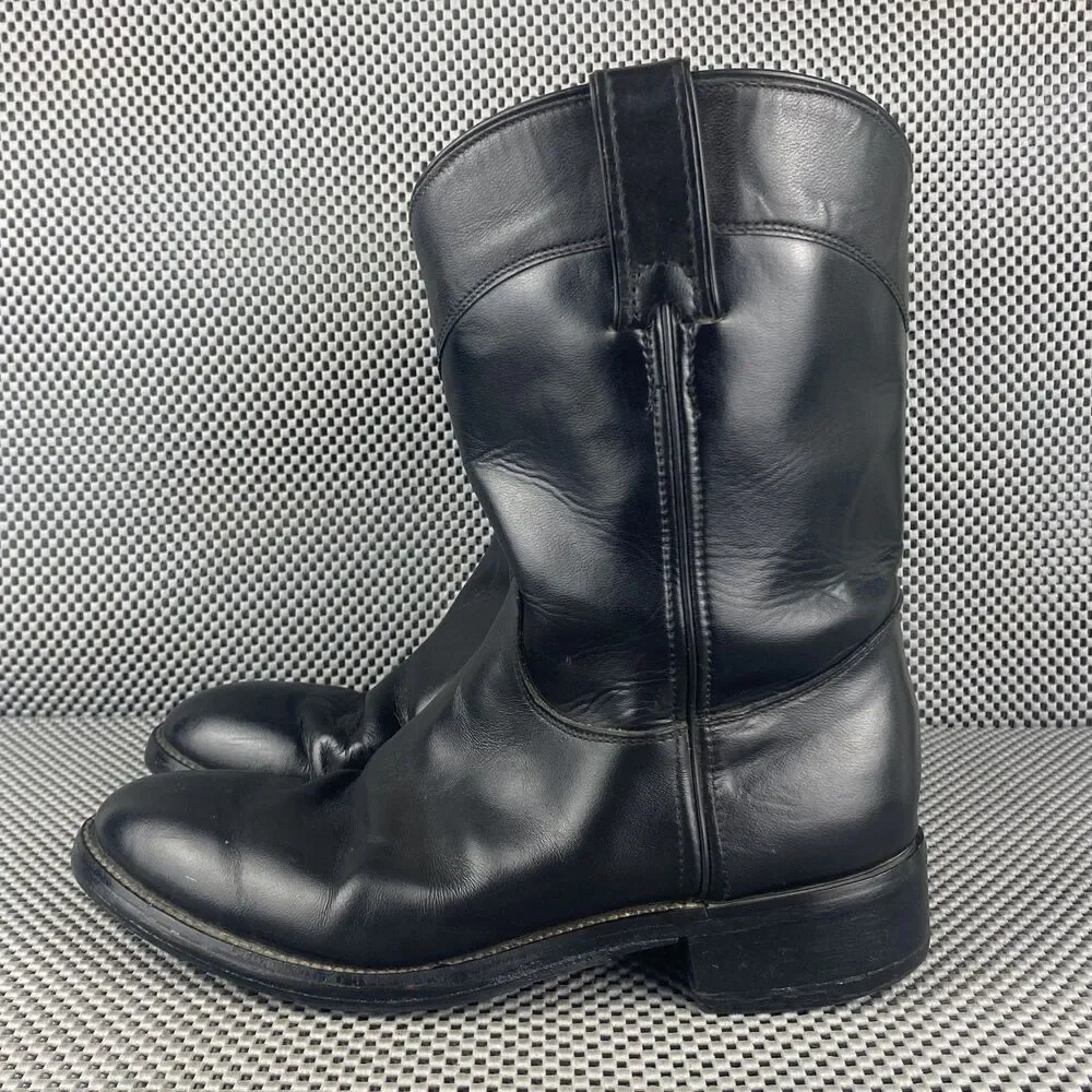 Justin Roper Cowboy Boots Mens 5.5 D Womens 7 Black Leather Pull On Western 3702